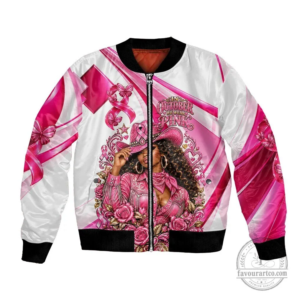 Western Wear Breast Cancer Awareness Pink Ribbon Cowgirl Bomber Jacket
