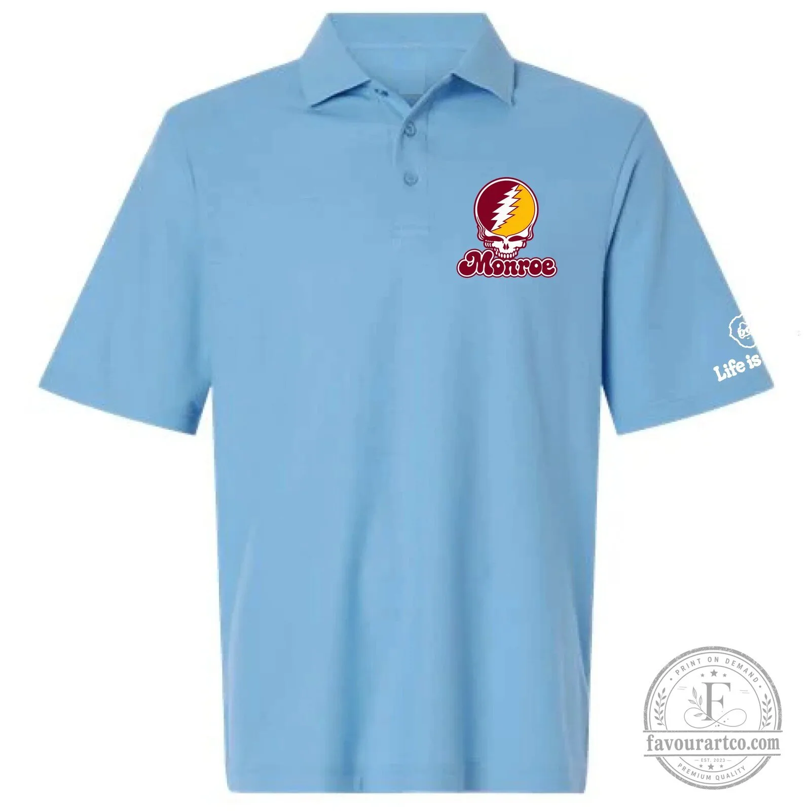 Monroe Steal Your Face Grateful Dead Inspired Light Blue Polo Shirt 5 Monroe Steal Your Face Grateful Dead Inspired Light Blue Polo Shirt
