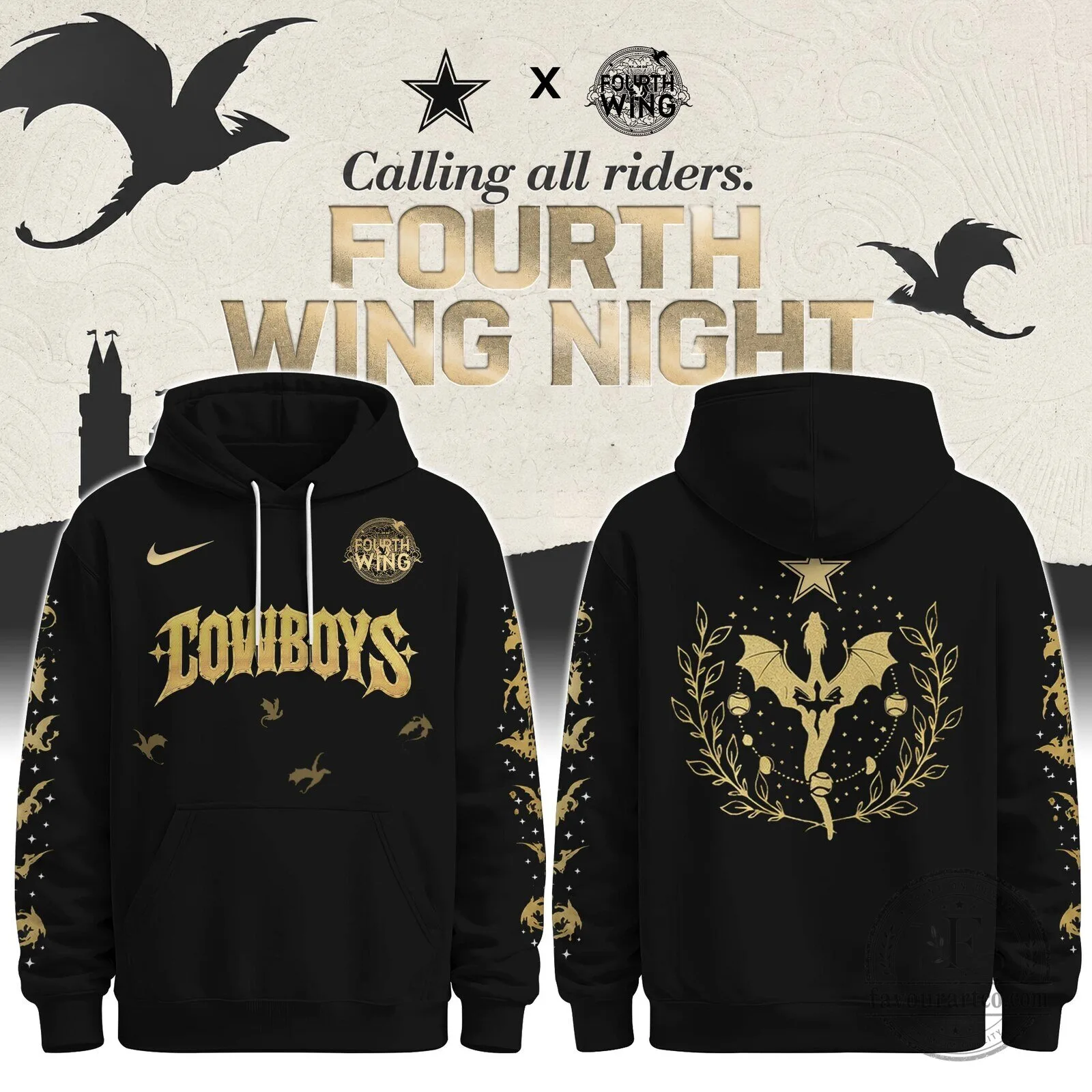 Dallas Cowboys Fourth Wing Night Dragon Riders Black Gold Hoodie