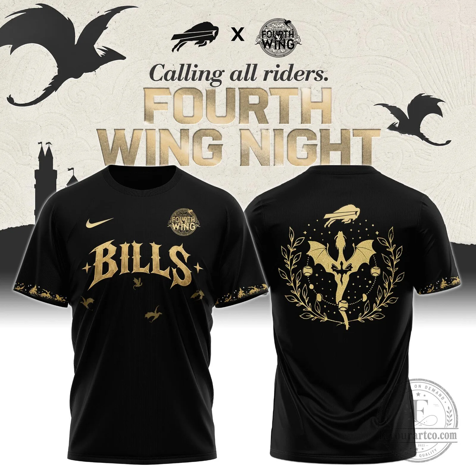 Buffalo Bills Fourth Wing Night Dragon Rider Black and Gold T-Shirt 3 Buffalo Bills Fourth Wing Night Dragon Rider Black and Gold T-Shirt