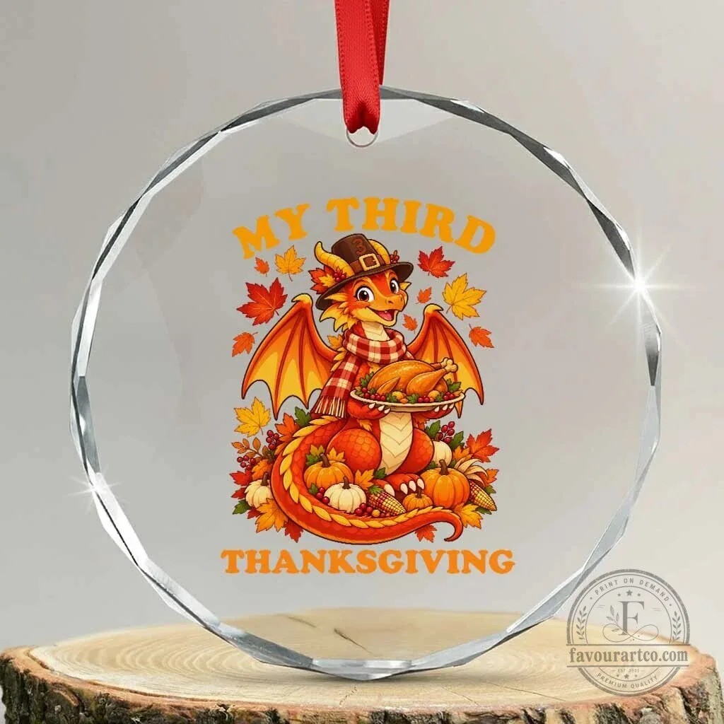 My Third Thanksgiving Cute Dragon Wearing Pilgrim Hat Crystal Glass Ornament