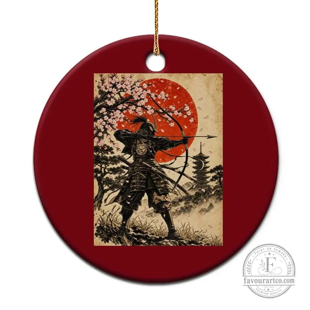 Japanese Samurai Archer Ukiyo-e Style Kyudo Bowhunter Ceramic Christmas Ornament