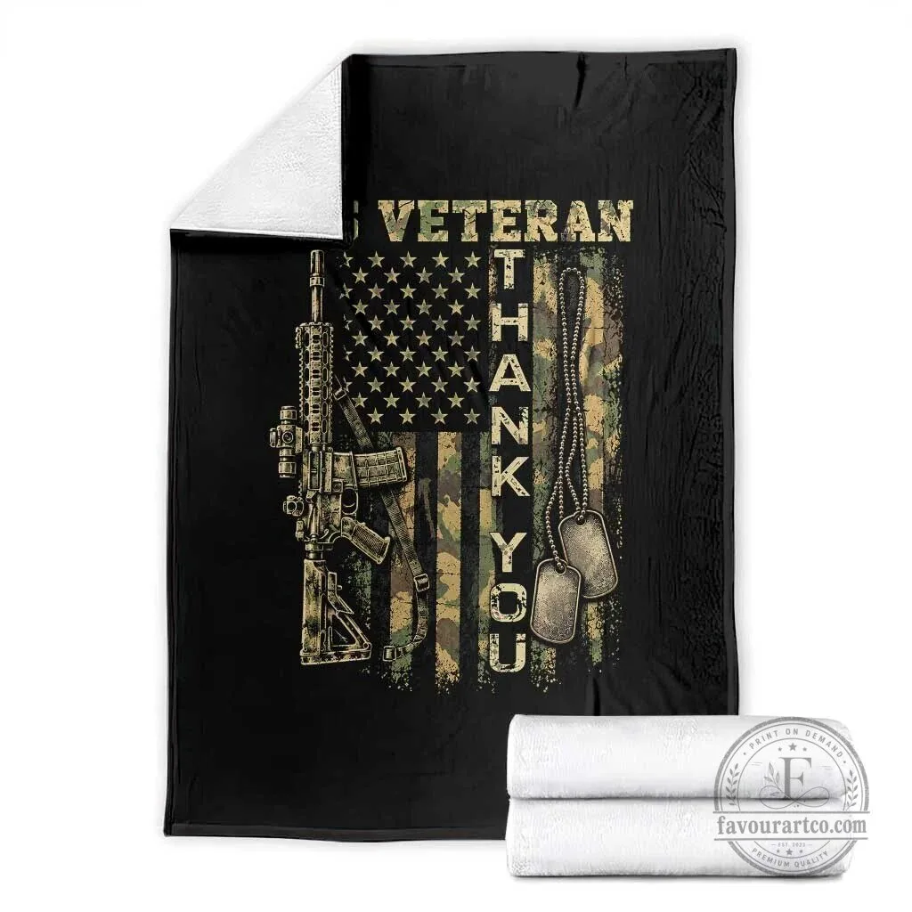 Thank You Veteran American Flag Camouflage Military Rifle Dog Tags Blanket