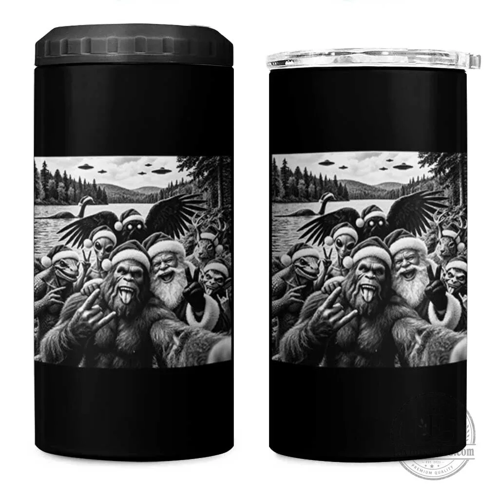 Christmas Cryptid Selfie Bigfoot Santa Alien Mothman Nessie Holiday Can Cooler 1 Christmas Cryptid Selfie Bigfoot Santa Alien Mothman Nessie Holiday Can Cooler