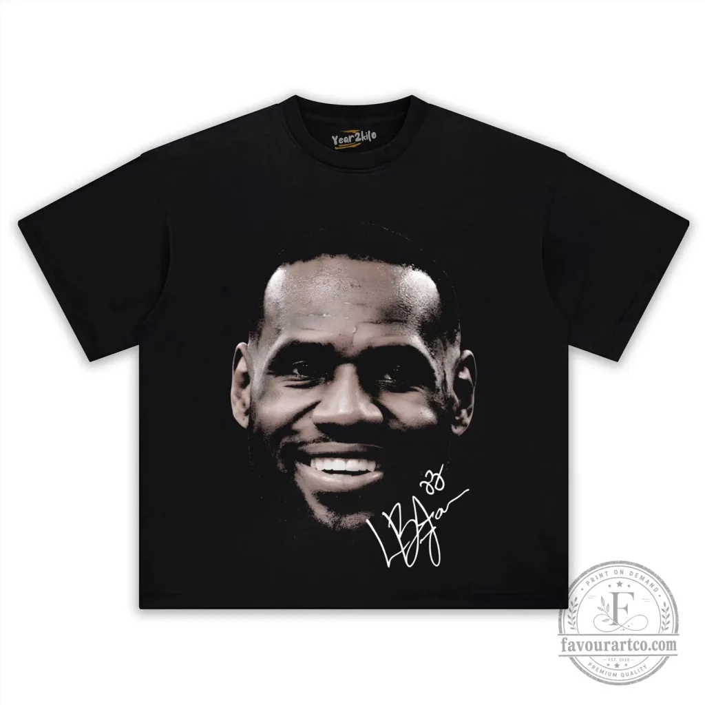 LeBron James Smiling Face Signature Graphic Black T-Shirt LeBron James Smiling Face Signature Graphic Black T-Shirt