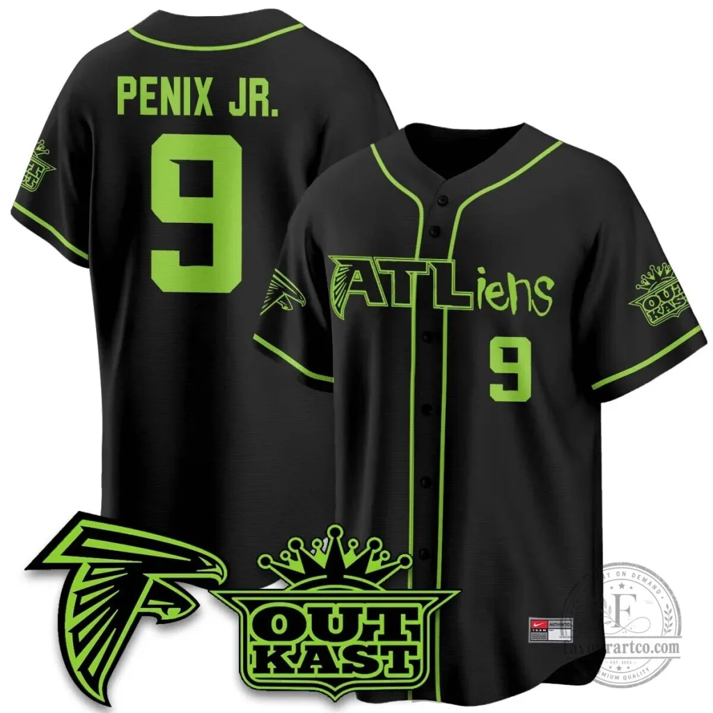 Atlanta Falcons ATLiens Outkast Baseball Jersey with Penix Junior Number 9 Atlanta Falcons ATLiens Outkast Baseball Jersey with Penix Junior Number 9