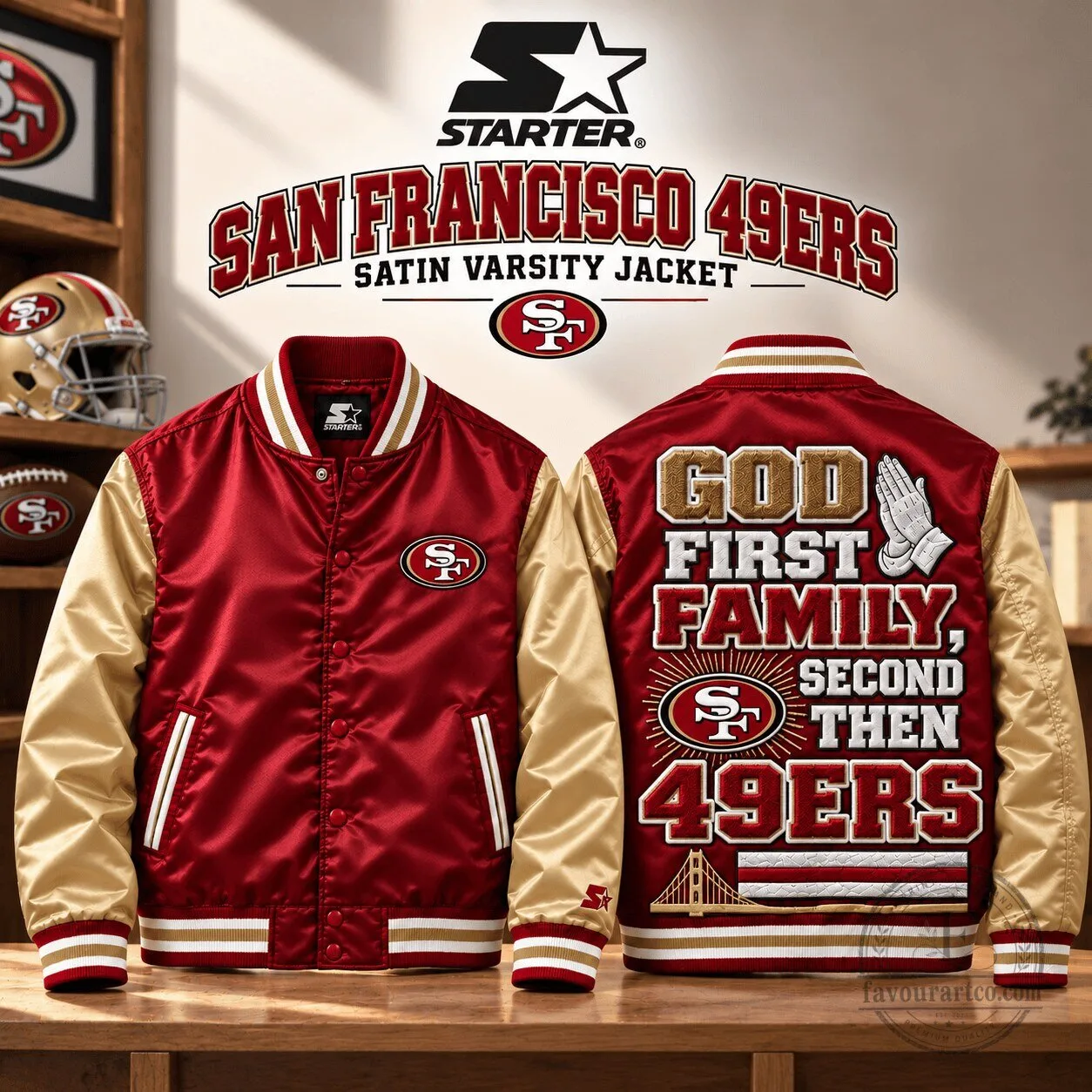 San Francisco 49ers God First Family Second Then 49ers Satin Varsity Jacket